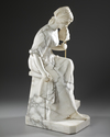AN ALABASTER AND MARBLE SCULPTURE OF A SEATED WOMAN ROLLING WOOL, CIRCA 1890