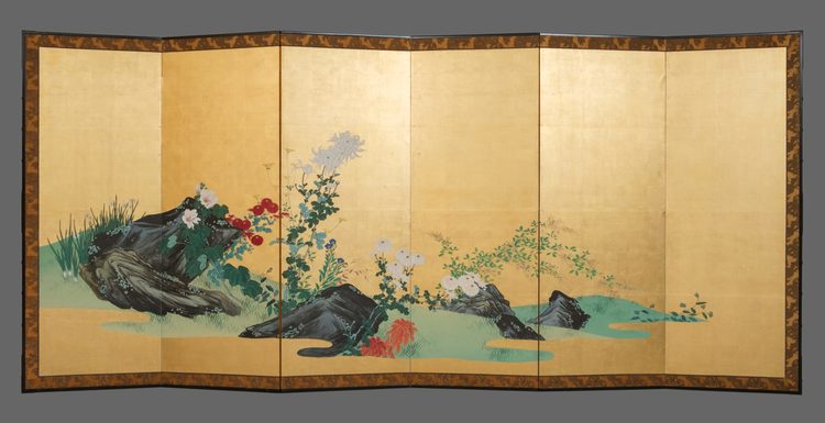 A JAPANESE BYOBU FLOWER GARDEN ON GOLD LEAF, MEIJI PERIOD (1868-1912)