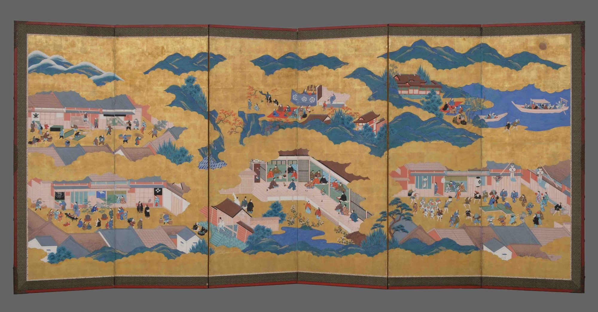 A JAPANESE BYOBU TOSA SCHOOL 土佐派 GENRE PAINTING ON GOLD LEAF, FIRST ...