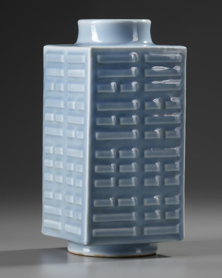 A CHINESE BLUE-GLAZED EIGHT 'TRIGRAMS' VASE, CONG, QING DYNASTY (1644-1911)