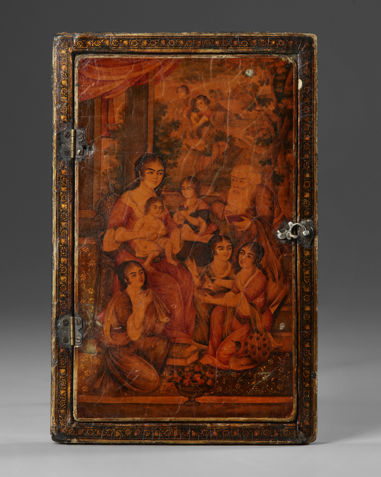 A QAJAR LACQUERED PAPIER-MÂCHÉ MIRROR CASE, PERSIA, 19TH CENTURY