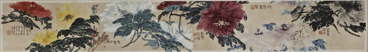 A CHINESE INK AND COLOR ON PAPER PAINTING 'PEONY FLOWERS',19TH CENTURY