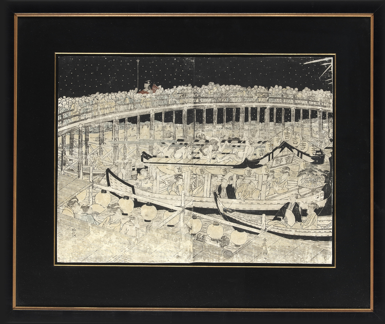 A JAPANESE WOODBLOCK PRINT, 'RIVER FESTIVAL AT NIGHT', 19TH CENTURY