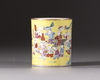 A Chinese yellow-ground famille rose brush pot, bitong