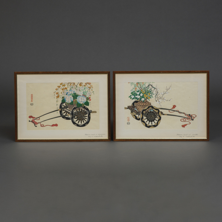 A PAIR OF JAPANESE FLOWER CART WOODBLOCK PRINTS, CIRCA 1950