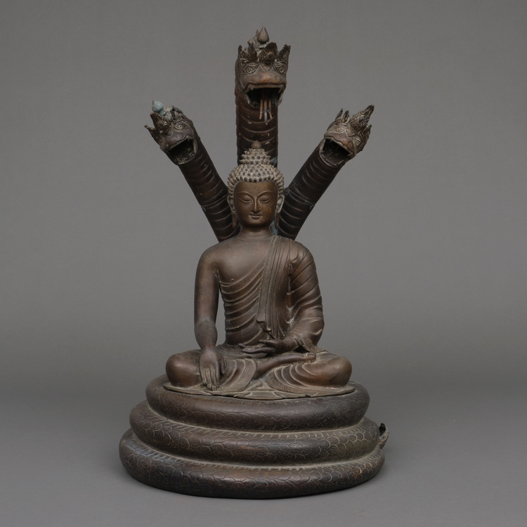 A VERY LARGE NEPALESE BRONZE SERPENT KING MUCHILINDA, FIRST HALF 20TH CENTURY