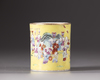 A Chinese yellow-ground famille rose brush pot, bitong