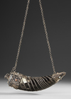 AN OTTOMAN NIELLOED AND SILVER-MOUNTED HORN GUNPOWDER FLASK, 19TH CENTURY