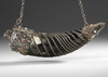 AN OTTOMAN NIELLOED AND SILVER-MOUNTED HORN GUNPOWDER FLASK, 19TH CENTURY