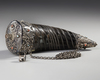 AN OTTOMAN NIELLOED AND SILVER-MOUNTED HORN GUNPOWDER FLASK, 19TH CENTURY