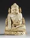 A CHINESE CARVED BONE FIGURE OF A BUDDHA WITH A CARVED WOODEN STAND
