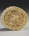 A CHINESE CARVED BONE FIGURE OF A BUDDHA WITH A CARVED WOODEN STAND