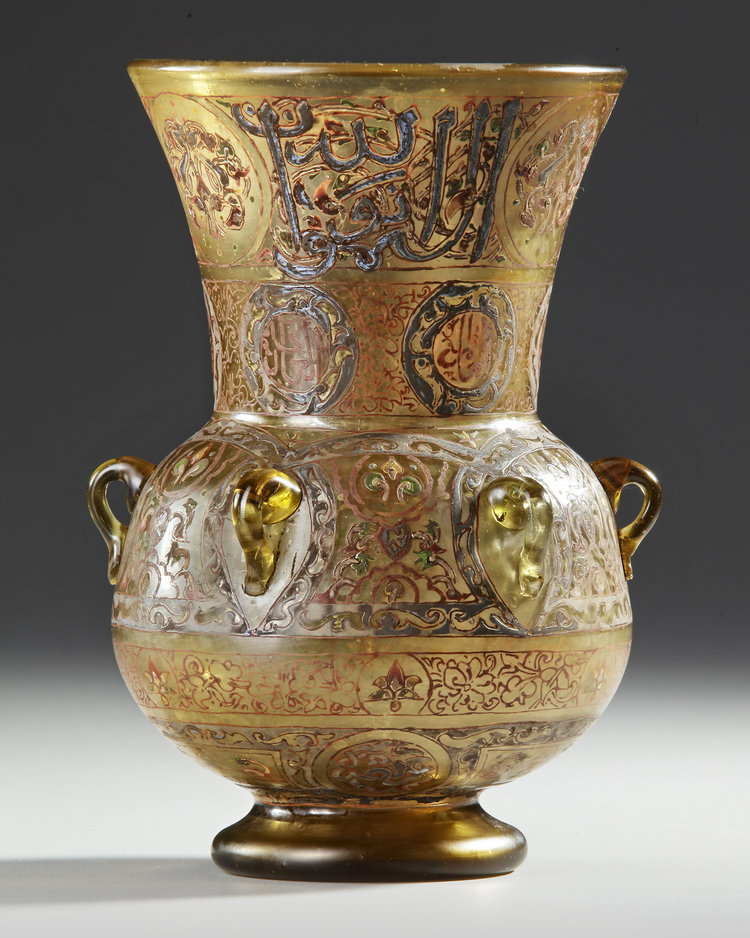 AN ISLAMIC ENAMELLED GLASS MOSQUE LAMP,  NEAR EAST EARLY 19TH CENTURY