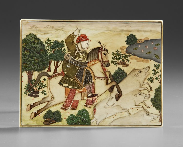 AN INDIAN BONE DECORATED PLAQUE, LATE 18TH CENTURY