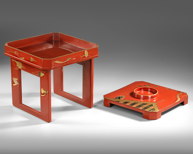A JAPANESE RED LACQUERED SET FOR CEREMONIAL SAKE DRINKING, MEIJI PERIOD (1868-1912)