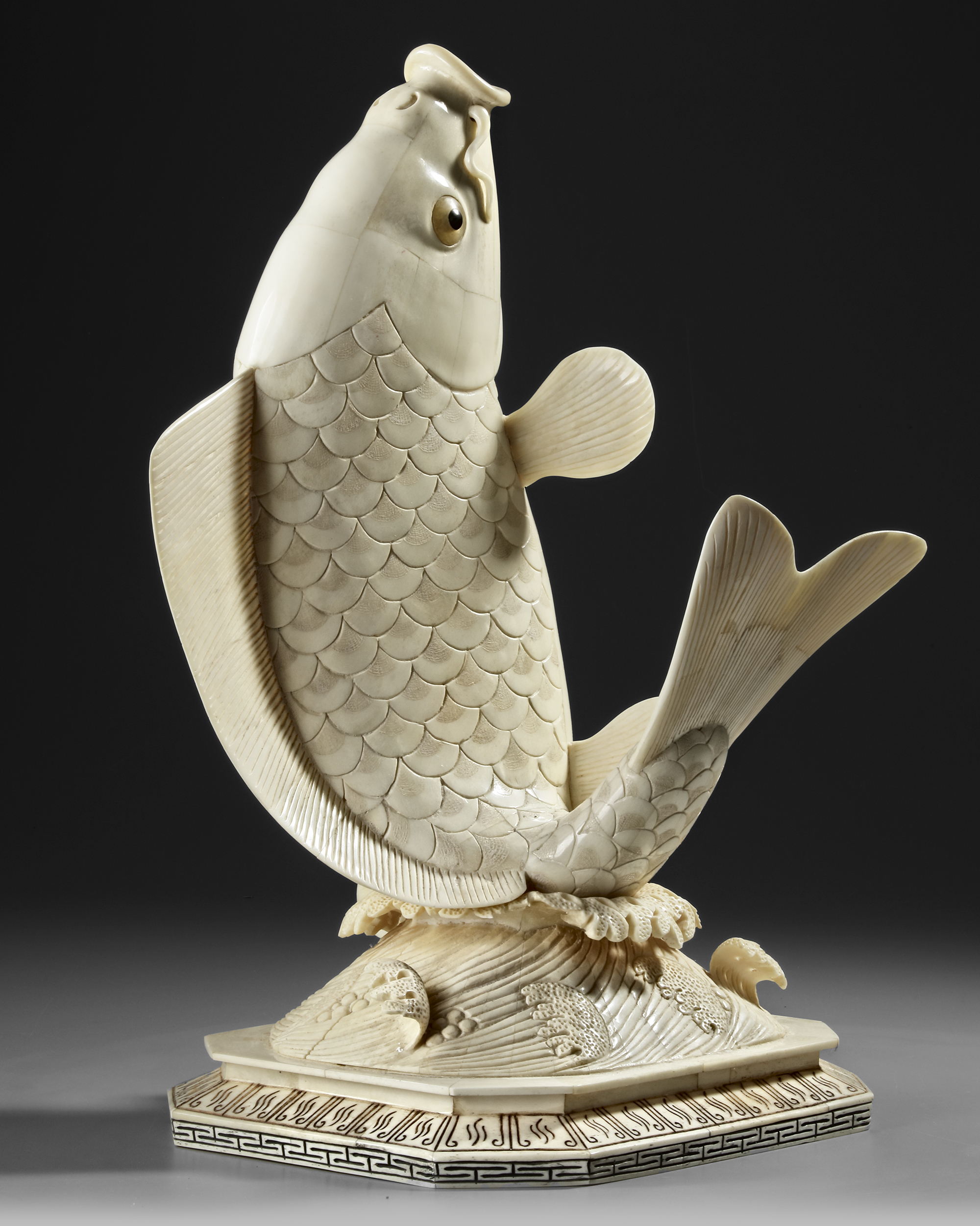 LARGE JAPANESE SCULPTURE — JUMPING KOI FISH IN CARVED BONE