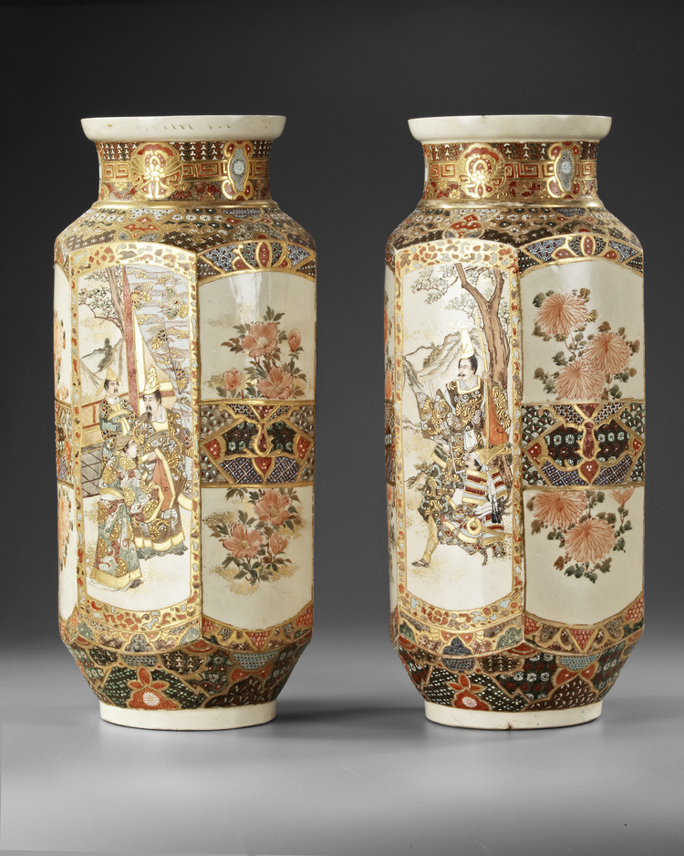 A  PAIR OF LARGE JAPANESE OCTAGONAL SATSUMA VASES, MEIJI PERIOD (1868-1912)