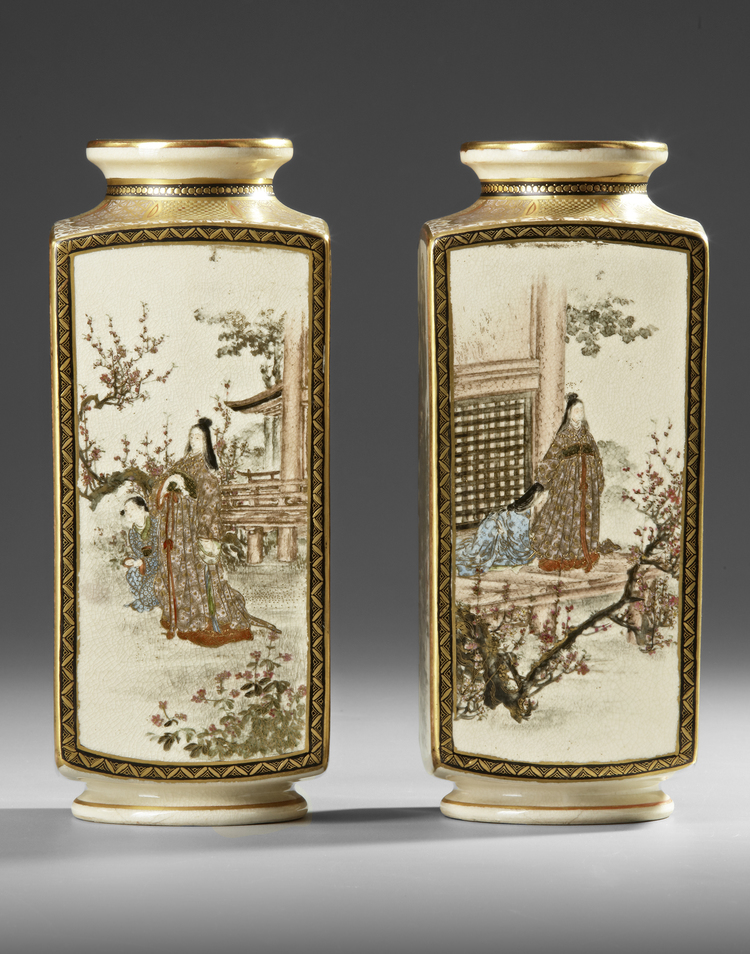 A PAIR OF JAPANESE SQUARE SHAPED SATSUMA VASES, MEIJI PERIOD (1868-1912)