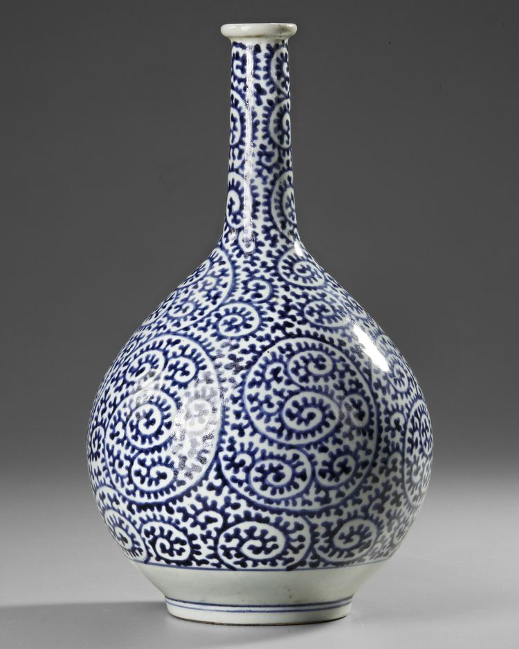 A JAPANESE BLUE AND WHITE SAKE BOTTLE VASE , WITH OCTOPUS AND KARAKUSA, LATE EDO PERIOD, 18TH CENTURY