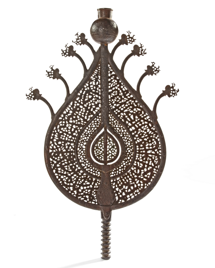 AN EARLY  SAFAVID PIERCED BRONZE PROCESSIONAL STANDARD (ALAM), PERSIA, DATED 924 AH/1518 AD
