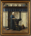 HENDRIKUS JOHANNES VAN LANGEN (1874-1964), A PEASANTWOMAN PREPARING A MEAL, OIL ON CANVAS