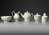 AN ENGLISH LATE 18TH / EARLY 19TH CENTURY GREEN STRIPED AND FLUTED CREAMWARE 5-PIECE TEA SERVICE