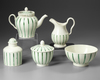 AN ENGLISH LATE 18TH / EARLY 19TH CENTURY GREEN STRIPED AND FLUTED CREAMWARE 5-PIECE TEA SERVICE