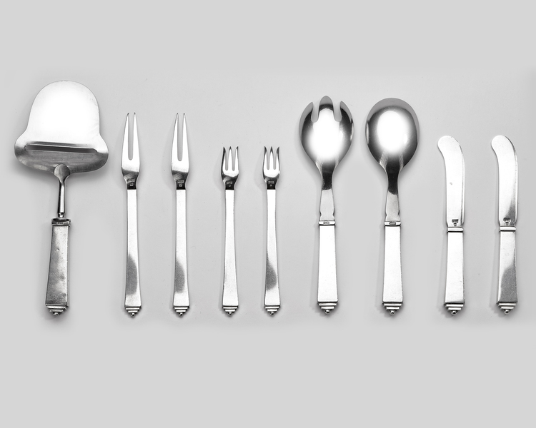 HARALD NIELSEN BY GEORGE JENSEN SILVER CUTLERY AND SERVING PARTS, COPENHAGEN CIRCA 1925/1930