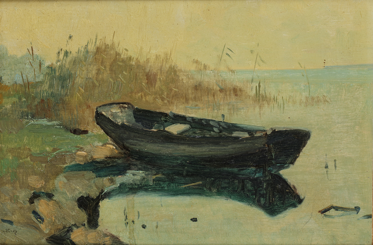 WILLEM ANTON ALEXANDER KNIP (1883-1967), MOORED ROWING BOAT, OIL ON PAPER