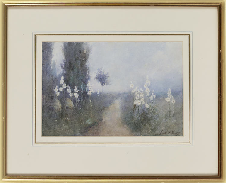 EDITH M. VASEY (EARLY 20TH CENTURY), LANDSCAPE WITH WHITE WILD FLOWERS AND BEEHIVES, WATERCOLOUR ON PAPER