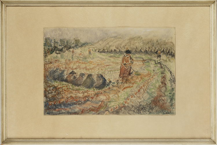 SARA BISSCHOP (1894-1992), MENDING THE NETS, 'NETTEN BOETEN', COLOURED CHALKS ON PAPER