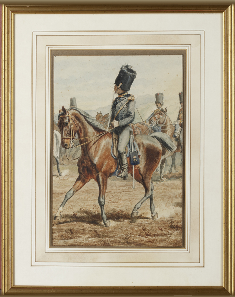 WILLEM CONSTANTIJN STARING (1847-1916), 'GELE RIJDER', OFFICER OF THE MOUNTED ARTILLERY ON HORSEBACK, WATERCOLOUR ON PAPER