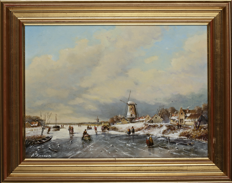 AFTER ANTON KARSSEN (1945-2019), WINTERLANDSCAPE WITH FIGURES ON THE ICE, OIL ON BOARD