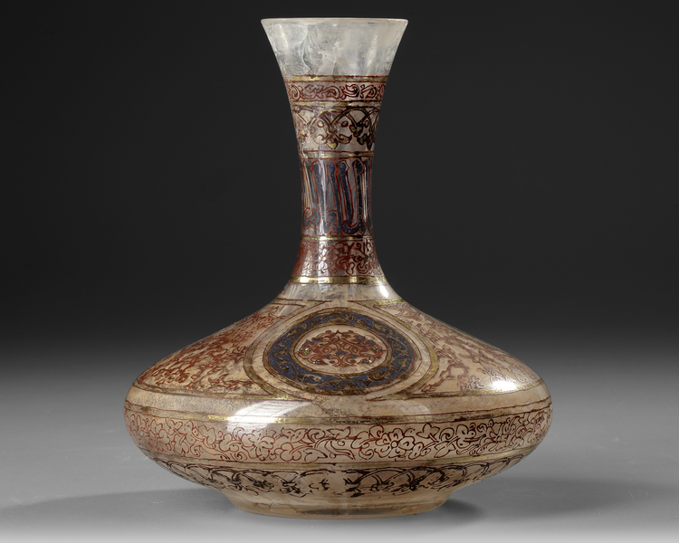 AN ISLAMIC GILDED AND ENAMELED BOTTLE VASE, 19TH CENTURY