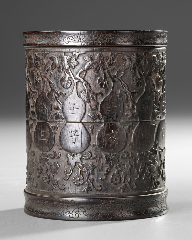 A CHINESE ZITAN WOOD CARVED BRUSH POT, 19TH/20TH CENTURY