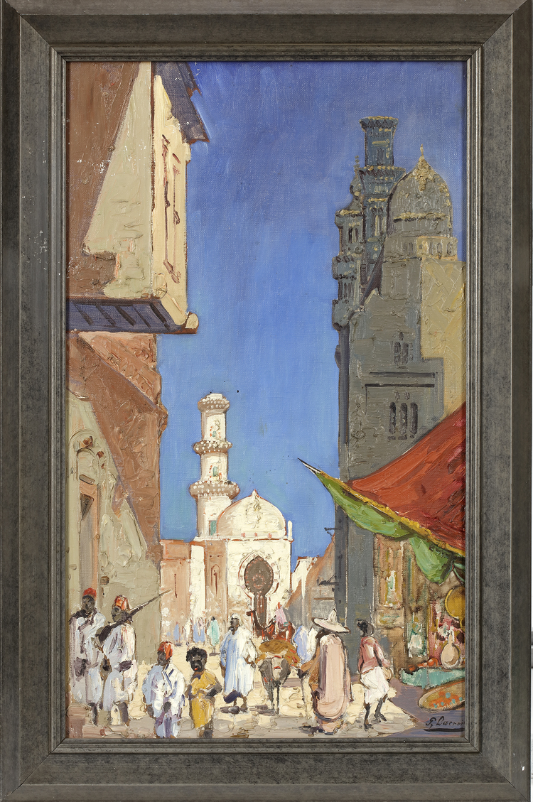 R. LACROIX, 20TH CENTURY, FIGURES IN THE STREETS, TUNESIA, OIL ON CANVAS