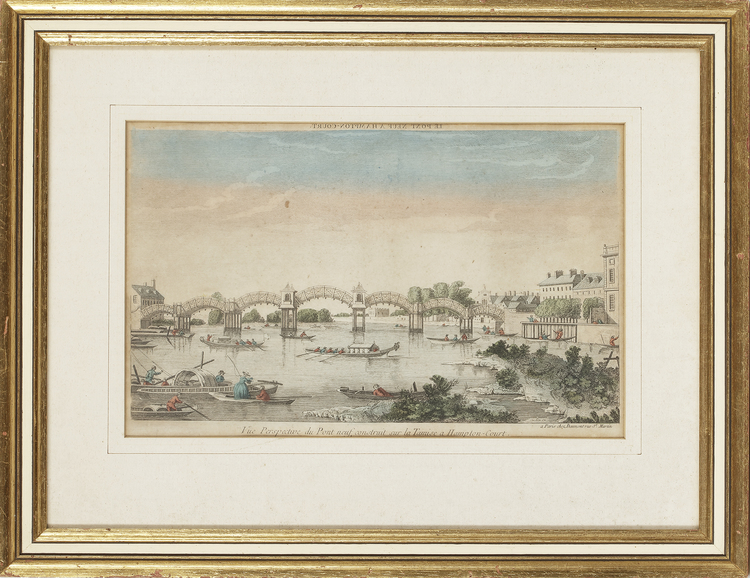 A FRENCH HAND COLOURED OPTICAL ENGRAVING (18TH CENTURY), 'VUE PERSPECTIVE DU PONT NEUF, CONSTRUIT SUR LA TAMISE À HAMPTON-COURT'.