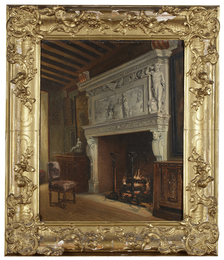 ARIE JOHANNES LAMME (1812-1900), A FIREPLACE IN A 17TH CENTURY INTERIOR, OIL ON PANEL
