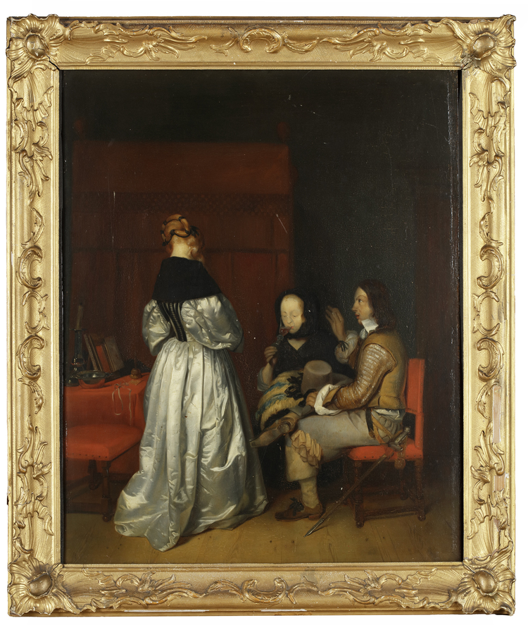 ARIE JOHANNES LAMME (1812-1900), FIGURES CONVERSING WITH A GLASS OF WINE, OIL ON PANEL