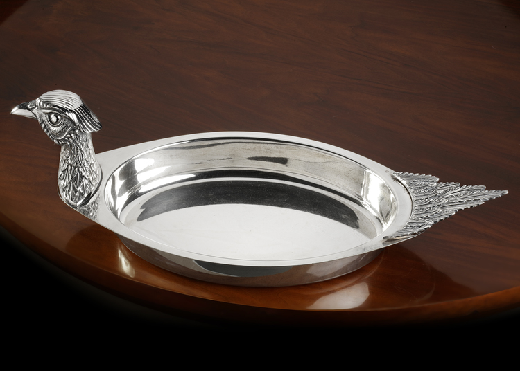 A LARGE AND IMPRESSIVE SILVER PLATED PHEASANT DISH, 20TH CENTURY