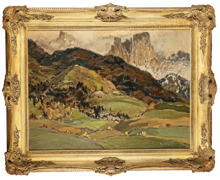MILDRED PELZER (1889-1985), HOUSES IN A MOUNTAINOUS LANDSCAPE, OIL ON CANVAS