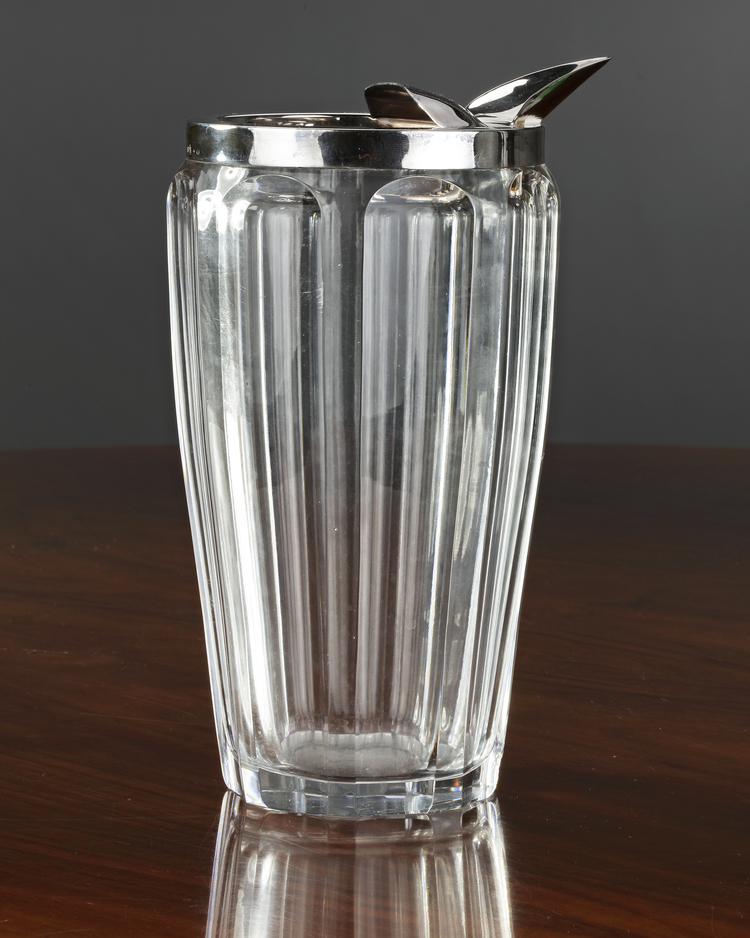 A GERMAN SILVER MOUNTED CUT GLASS COCKTAIL SHAKER/JUG, 20TH CENTURY
