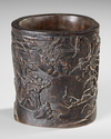 A CHINESE CARVED ZITAN WOOD BRUSH POT, 17TH-18TH CENTURY