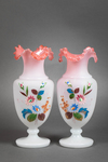 A FRENCH PAIR OF WHITE AND PINK OPALINE VASES, 20TH CENTURY