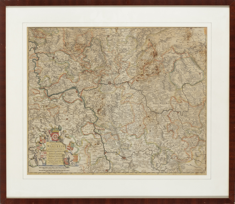 FREDERIK DE WIT (1630-1706), MAP OF THE MANNHEIM REGION IN GERMANY, PARTIALLY HAND COLOURED ENGRAVING, CIRCA 1690