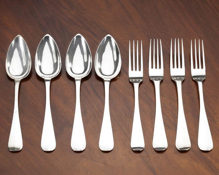 FOUR DUTCH SILVER DINNER FORKS AND FOUR SILVER DINNER SPOONS, (8 PIECES), (1886/1887)