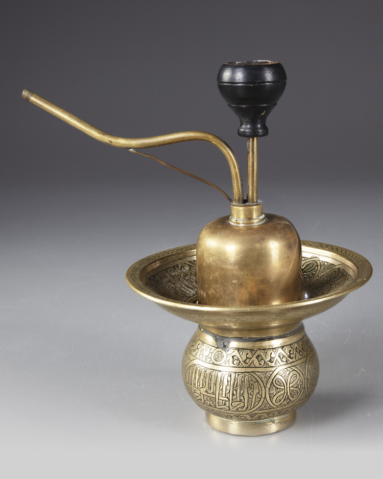 A QAJAR BRASS ENGRAVED VASE AND OPIUM PIPE, 19TH CENTURY