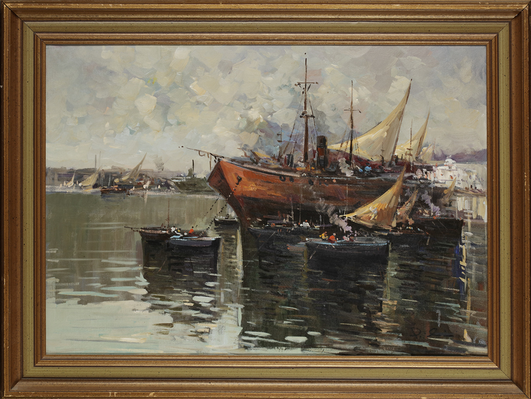 HARBOR SCENE, OIL ON CANVAS