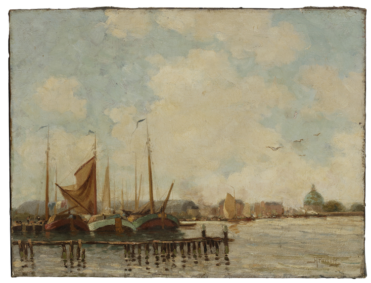 HARBOR SCENE, OIL ON CANVAS