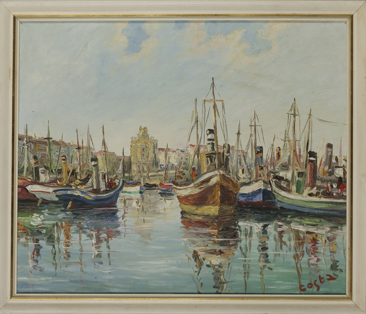 A HARBOR SCENE, OIL ON CANVAS